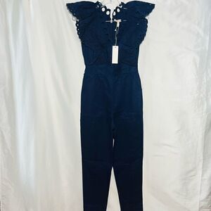 Rebecca Taylor Ariana Embroidered Eyelet Indigo Blue Jumpsuit 00